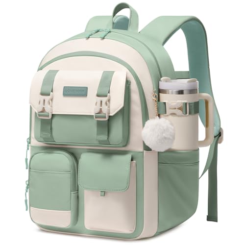 LOVEVOOK School Backpack for Teen Girls,Student Backpack Purse for 8-16 Teenage,Cute Kid Bookbag with Large Cup Holder,Back to School Backpack Fit 15.6 Inch Laptop,College Travel Bag for Daughter Gift - color: Light Green-white, size: 15.6 inch