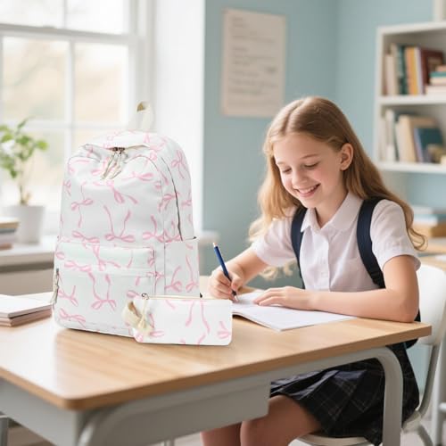 Bluboon School Backpack for Teen Girls Women Laptop Backpack College Bookbags Middle School Travel Work Commuter Back Pack - color: Pink Bow With Beige Base