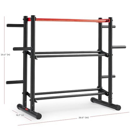 Sunny Health & Fitness Multi-Weight Storage Rack Stand for Dumbbells, Kettlebells, Olympic Weight Plates, Barbell, Medicine Ball - style: 3-Tier Rack