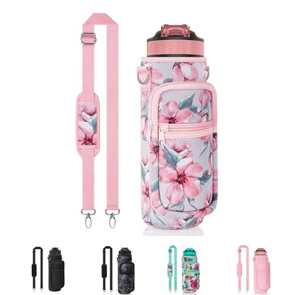 Water Bottle Holder with Strap, Insulated Crossbody Sling Bag, Carrier with Phone Pocket for Walking Hiking Camping Fishing - color: Flower Pink 05, size: 32oz Long