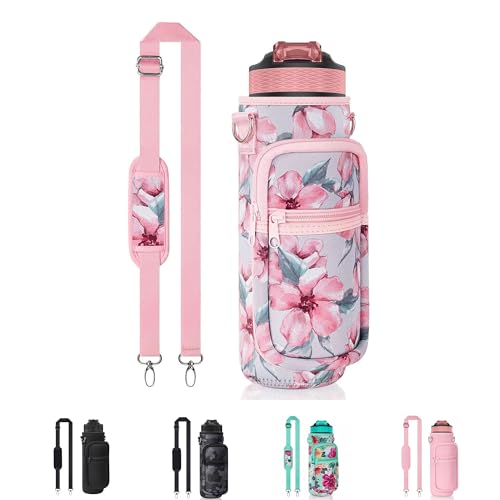 Water Bottle Holder with Strap, Insulated Crossbody Sling Bag, Carrier with Phone Pocket for Walking Hiking Camping Fishing - color: Flower Pink 05, size: 32oz Long