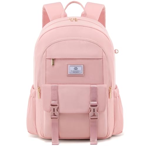 LOVEVOOK School Backpack for Girls Boys,Bookbag for College Women Middle High School, Waterproof Teen Bookbag, Preppy Backpack Travel Daypack with 15.6 inch Laptop Compartment - color: Pink, size: Medium-15.6" without Side Straps