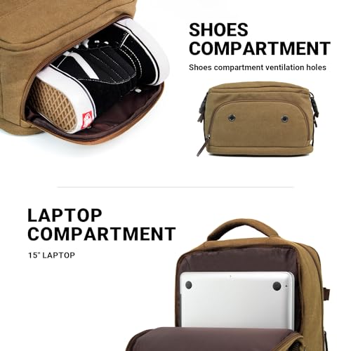 KAUKKO Thick Canvas Travel Backpack, Flight Approved Carry On Backpack with Shoe Pouch and 15.6 inch Laptop Compartment, 40L Luggage Casual Daypack Weekender Bag 10-KHAKI - color: 10-khaki