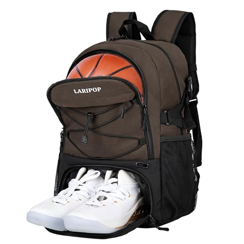LARIPOP Basketball Backpack with Ball Compartment - Ventilated Shoe Pocket Fits US Size 15, Water Resistant 30L Sports Bag for Men Women Teen Athletes Practice Travel - color: Brown