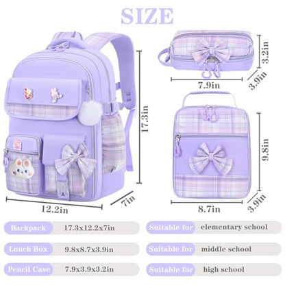 NSEQB Girls Backpack,Kids School Backpack With Lunch Box Pencil Case Set,Cute Childrens Schoolbag For Girls - color: Purple-3PCS