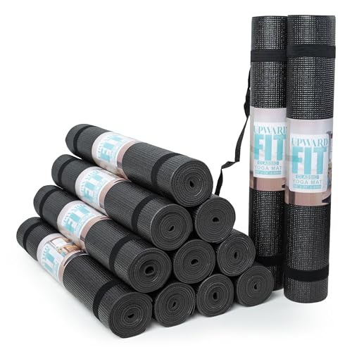 12-Pack Classic Yoga Mat With Carrying Strap, 68" x 24" Non Slip Exercise Mat, 4mm Thick Gym Mat, Bulk Non Toxic Yoga Mats for Home Workout, Schools, Classroom, and Studios - color: Black