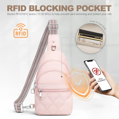 SYTRAH Sling Bag for Women, Anti-Theft RFID Crossbody Bag Nylon Sling Purse for Travel, Puffy Small backpack - color: Pink