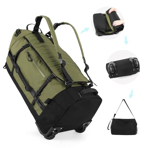 29" 86L Foldable Wheeled Duffle Bag, Waterproof Travel Rolling Backpack with Quilted Bottom, Army Green - color: Green