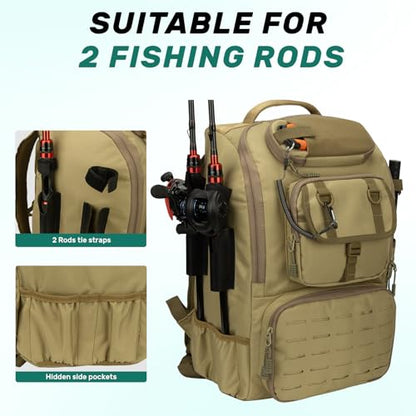 Pyrrhus 40L Fishing Backpack with Rod Holders & Insulated Cooler Compartment, Camping Cooler Tackle Storage for Anglers - color: Khaki