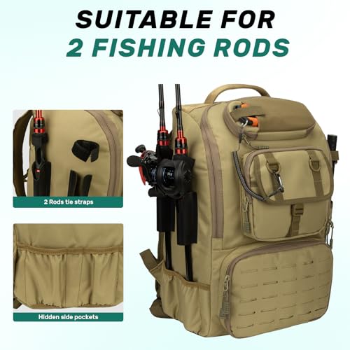 Pyrrhus 40L Fishing Backpack with Rod Holders & Insulated Cooler Compartment, Camping Cooler Tackle Storage for Anglers - color: Khaki