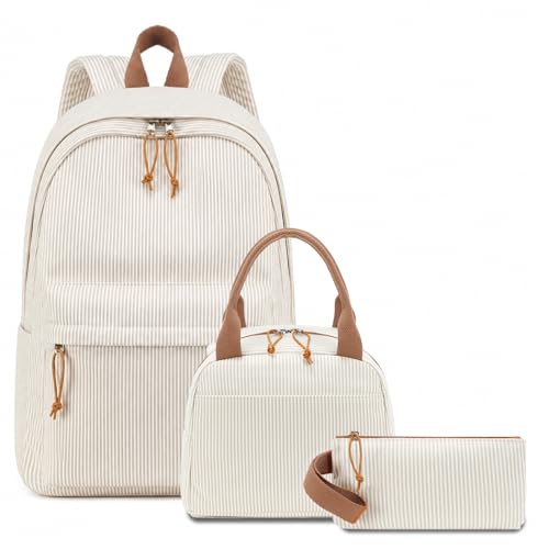 BTOOP School Backpacks for Teen Girls Bookbags Lightweight Kids Backpack School Bags Set with Lunch Box Pencil Case - color: Khaki White Stripe