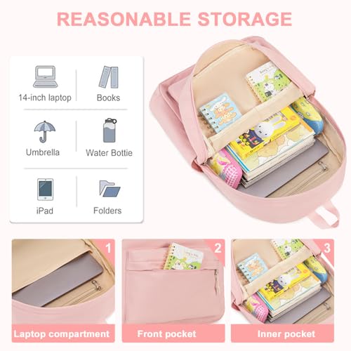 LEDAOU School Laptop Backpack for Teen Girls Lightweight 15.6 inch Bookbag for College Middle High School Women Casual Travel Daypack - color: Pink