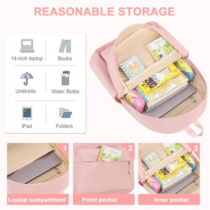 LEDAOU School Laptop Backpack for Teen Girls Lightweight 15.6 inch Bookbag for College Middle High School Women Casual Travel Daypack - color: Pink