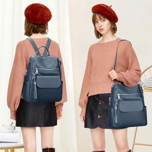 ALTOSY Genuine Leather Backpack Purse for Women Large Convertible Shoulder bag Ladies Crossdody Bag with Tassel(S115 Indigo Blue) - color: Indigo Blue
