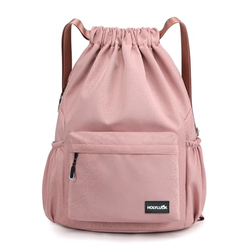 HOLYLUCK Drawstring Backpack Sports Gym Bag Water Resistant String Bag Cinch Sackpack with Side Zipper Pocket for Shopping Sport Yoga -pink - color: Pink