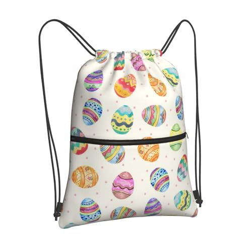 Easter Eggs Drawstring Bag, Waterproof Drawstring Bckpack for Gym Sports Easter Party Gift, Women Men Sackpack Bag with Front Zipper Pocket and Inside Zipper Pocket - color: Easter Eggs