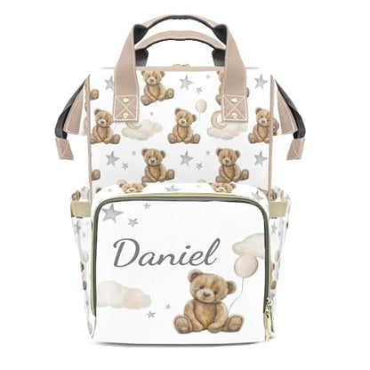 Bear Custom Name Diaper Bag Large Khaki and Brown Monogram Diaper Bag Nappy Backpack for Boys, Large Storage Adjustable Mom Bags Backpack (Bear) - color: Bear