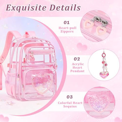 Clear Backpack for School Girls, Cute Heavy Duty PVC Transparent Bookbag, See-Through Bag for Stadium Event Pink - color: Pink