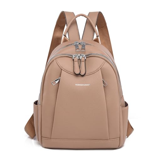 Women's Minimalist Backpack, PU Leather Lightweight Laptop Backpack, Casual Travel Backpack Purse, Waterproof Daypack (Khaki) - color: Khaki