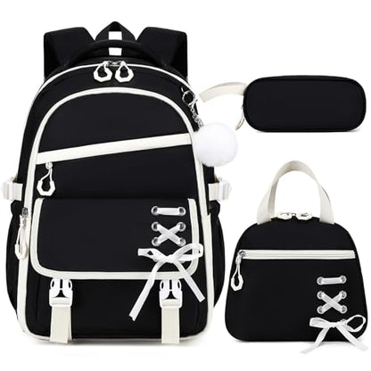 Scothen 3PCS Girls Backpack for School, Kids Backpack for Girls with Lunch Bag Pencil Case, Kids Bookbag Teen Backpacks for Elementary Middle High School - color: Black-white