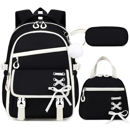 Scothen 3PCS Girls Backpack for School, Kids Backpack for Girls with Lunch Bag Pencil Case, Kids Bookbag Teen Backpacks for Elementary Middle High School - color: Black-white