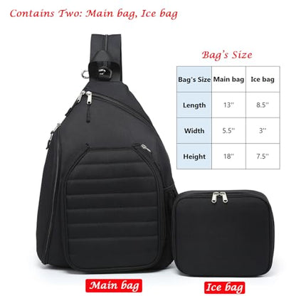 RAINBOW SMILE Sling Bag Crossbody Backpack for Pickleball Paddle Tennis Racketball Travel for Men and Women, with Ice Bag 2PS - color: Black