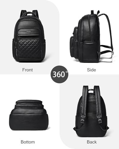 Bluome Work Backpack for Women Men, Laptop Vegan Leather Backpack Purse with 15.6–17 Inch Laptop, Multi-Pocket Bookbag for Office Travel Gym Weekend Overnight Bag, Black - color: Black