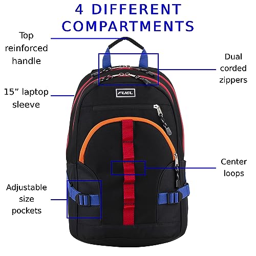 FUEL Hiking Laptop Backpack, College Bookbag, Travel Daypack with 5 Compartments, Dynamo Tech Pocket, 18.5 Inches - color: Black W/ Orange