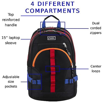 FUEL Hiking Laptop Backpack, College Bookbag, Travel Daypack with 5 Compartments, Dynamo Tech Pocket, 18.5 Inches - color: Black W/ Orange
