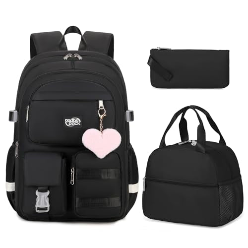 3PCS Student Backpack For School Women College Middle High Teen Girls Bookbag Waterproof Laptop Bag Black - color: Black