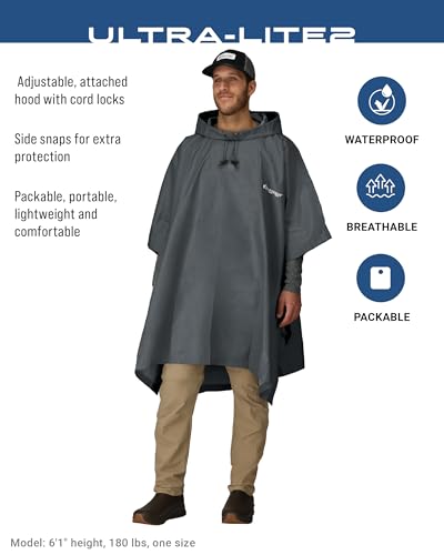 FROGG TOGGS Ultra-lite2 Waterproof, Breathable Rain Poncho, Adult and Youth Sizes - color: Carbon Black, style: Adult