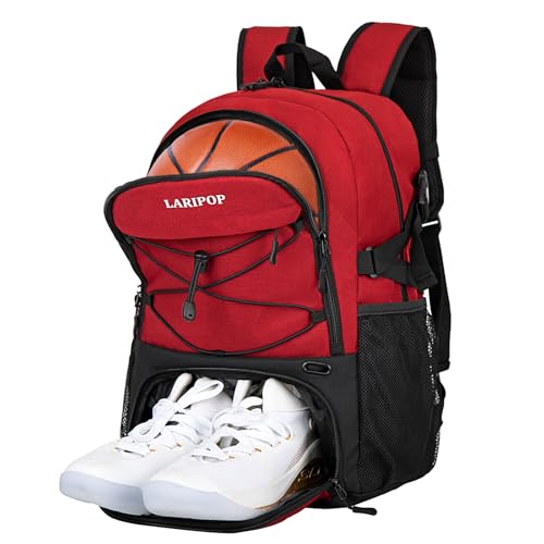 LARIPOP Basketball Backpack with Ball Compartment - Ventilated Shoe Pocket Fits US Size 15, Water Resistant 30L Sports Bag for Men Women Teen Athletes Practice Travel - color: Dark red