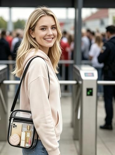 Clear Stadium Bag, Clear Purse for Sport Events and Concerts, Transparent Messenger Clear Crossbody Bag for Women - color: Black