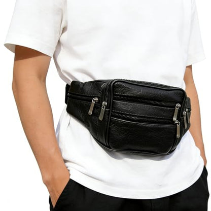 Leather Fanny Pack Travel Waist Bag 7 Pockets Waist Pack.Suitable for Outdoor Mountaineering Travel Camping Cycling Running etc FANNING511 Fanny pack (Black) - color: black