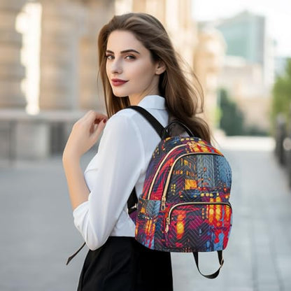 Women's Backpack City Street Print for Travel Commute, Cloth Shoulder Bag Double Zipper Size S - size: 10.2×5.1×12.5 IN
