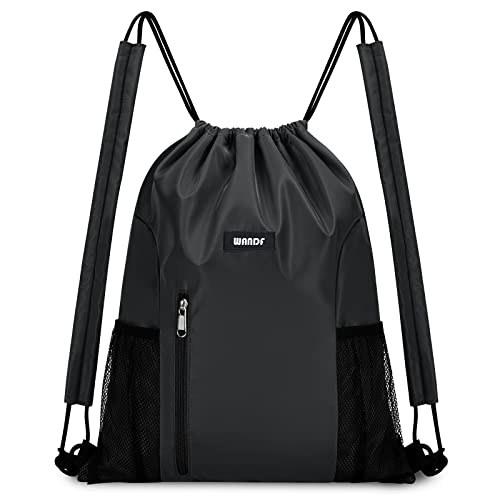 WANDF Drawstring Backpack with Shoulder Pad Sports Gym Backpack with Mesh Pocket String Bag for Women Men(Black) - color: M, Black-1, size: Medium