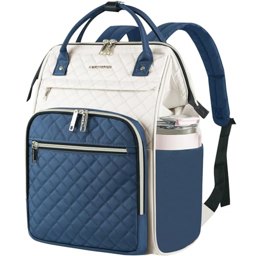 EMPSIGN 17 Inch Laptop Backpack for Women, Work Business Travel Computer College Bags, Large Capacity Water-repellent Quilted Casual Daypack, Beige-Haze Blue - color: Beige/Haze Blue, size: 17 inch