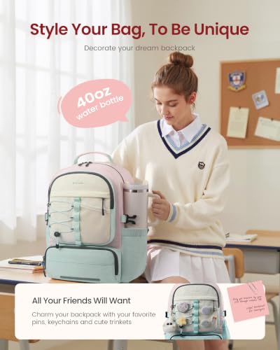 LOVEVOOK School Backpack for Teen Girls, Unique Style College Student Backpacks with Large Cup Holder, Cute Kid Bookbag with Pens Compartment, Large Capacity Back to School Backpack Fit 15.6'' Laptop - color: Green Pink Beige, size: Medium