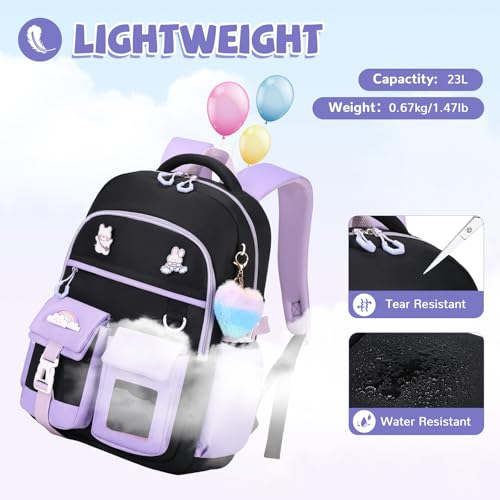 Girls Backpack, Lightweight Kids Backpack Kawaii School Backpacks Bookbag for Primary Elementary School,Age 6-14 years,Green Match Purple(Luggage Strap Ver) - color: 1pc-black & Purple(luggage Strap Ver)
