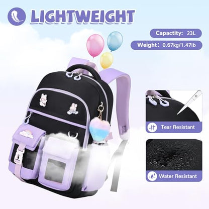 Girls Backpack, Lightweight Kids Backpack Kawaii School Backpacks Bookbag for Primary Elementary School,Age 6-14 years,Green Match Purple(Luggage Strap Ver) - color: 1pc-black & Purple(luggage Strap Ver)