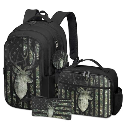 Camo Deer Backpack for Boys, Boys Backpacks with Lunch Box and Pencil Case for School, Kids Hunting Bookbag - color: Camo
