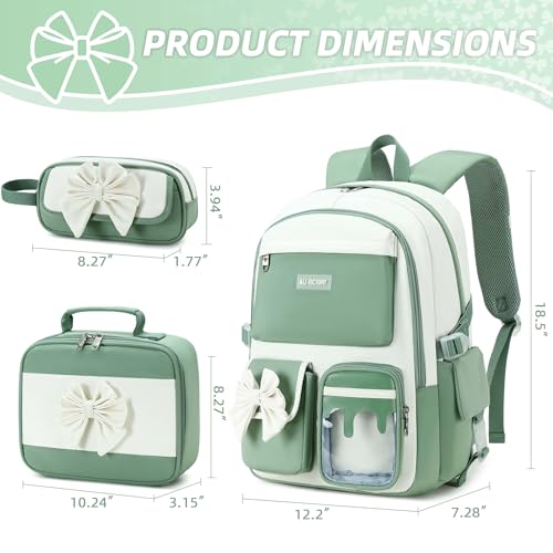School Backpack for Girls 3PCS Nylon Kids Backpack Set with Lunch Box & Pencil Pouch, Cute Lightweight Teen Girls School Bag Laptop Bag Travel Daypack for Elementary Middle High School Beige Green - color: Green