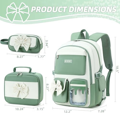 School Backpack for Girls 3PCS Nylon Kids Backpack Set with Lunch Box & Pencil Pouch, Cute Lightweight Teen Girls School Bag Laptop Bag Travel Daypack for Elementary Middle High School Beige Green - color: Green