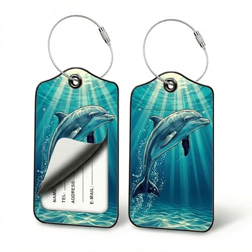 Dolphin Luggage Tags for Suitcases, 2 Pack PU Leather Ocean Travel Tags | Privacy flap hides address card, steel wire loop fits beach totes, swim bags, cruise pouches, marine parks and dolphin fans - color: Dolphin Design