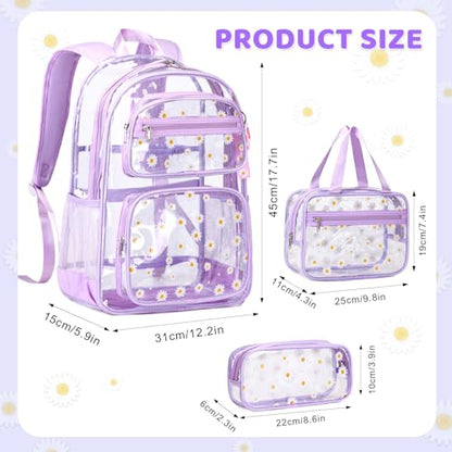 ACESAK Clear Backpack for Girls - 3 Pcs Clear Backpack Heavy Duty with Lunch Bag - See Through Bookbag Stadium Approved for Kids Middle High College School Sport Travel (Purple Daisy) - color: Purple Daisy