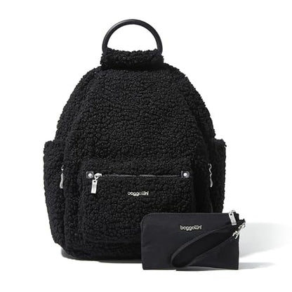 Baggallini Womens All Day Backpack With RFID Phone Wristlet, Black Faux Shearling - color: Black Faux Shearling