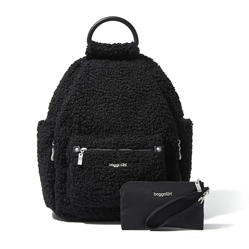 Baggallini Womens All Day Backpack With RFID Phone Wristlet, Black Faux Shearling - color: Black Faux Shearling