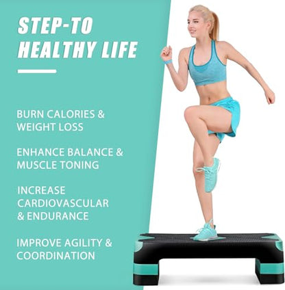 ZENY 26.5 inch Aerobic Step Platform with 4 Step Risers, Height Adjustable Exercise Stepper for Home Gym Workouts, 400 lbs Capacity - color: Green