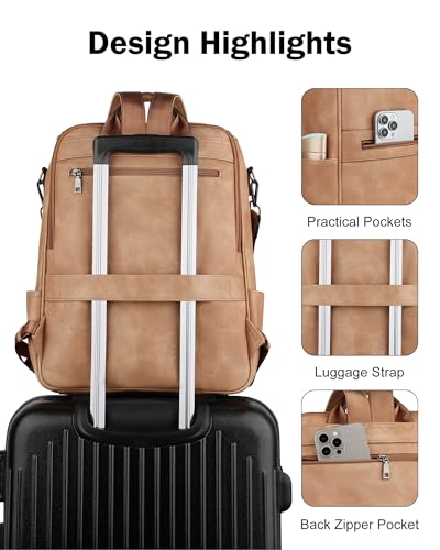 FADEON Laptop Backpack for Women Leather Travel Backpack with Laptop Compartment, Designer Ladies Computer Backpacks Camel - color: Camel Brown Retro Style