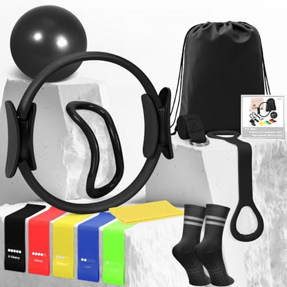 Pilates Kit for Women 13PCS, Pilates Ring and Ball Set with Magic Circle, Resistance Bands Set, Figure 8 Band, Yoga Ring & Grip Socks, Home Workout Equipment Essentials Starter Kit for Beginners - color: Black